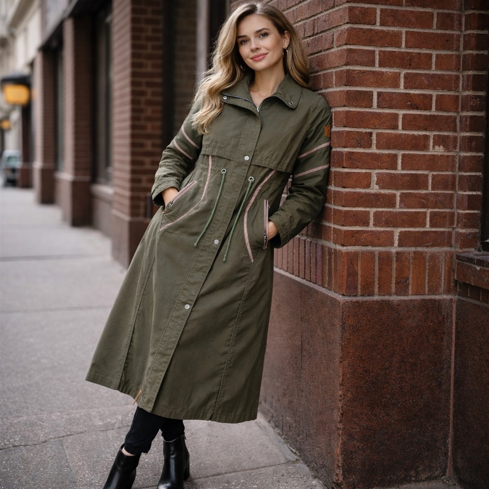 Alamera Olive Green Utility Duster Trench Coat Boho Military Chic Sz M​​